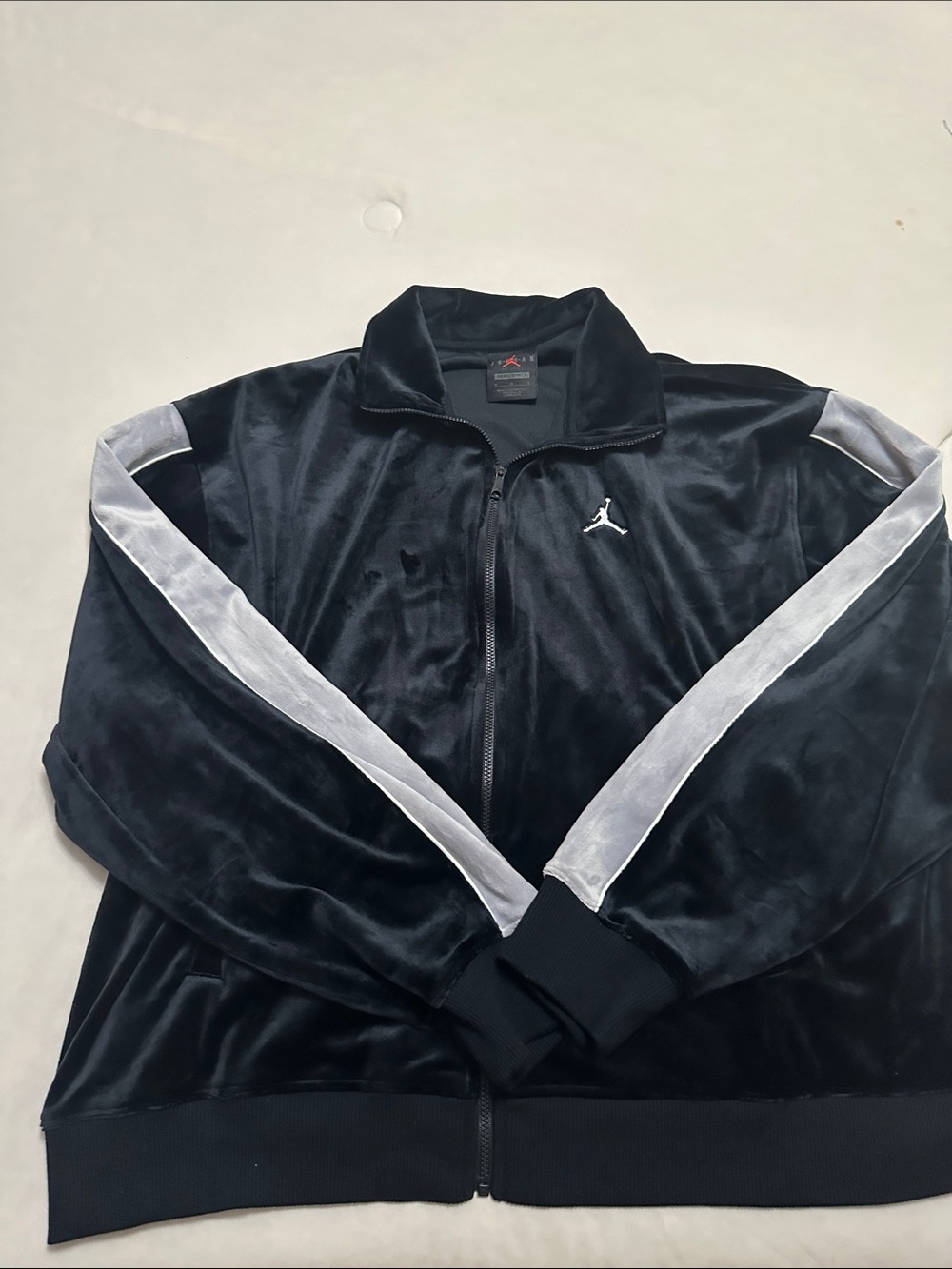 Jordan Men's Black Velour Track Jacket with Grey Stripes